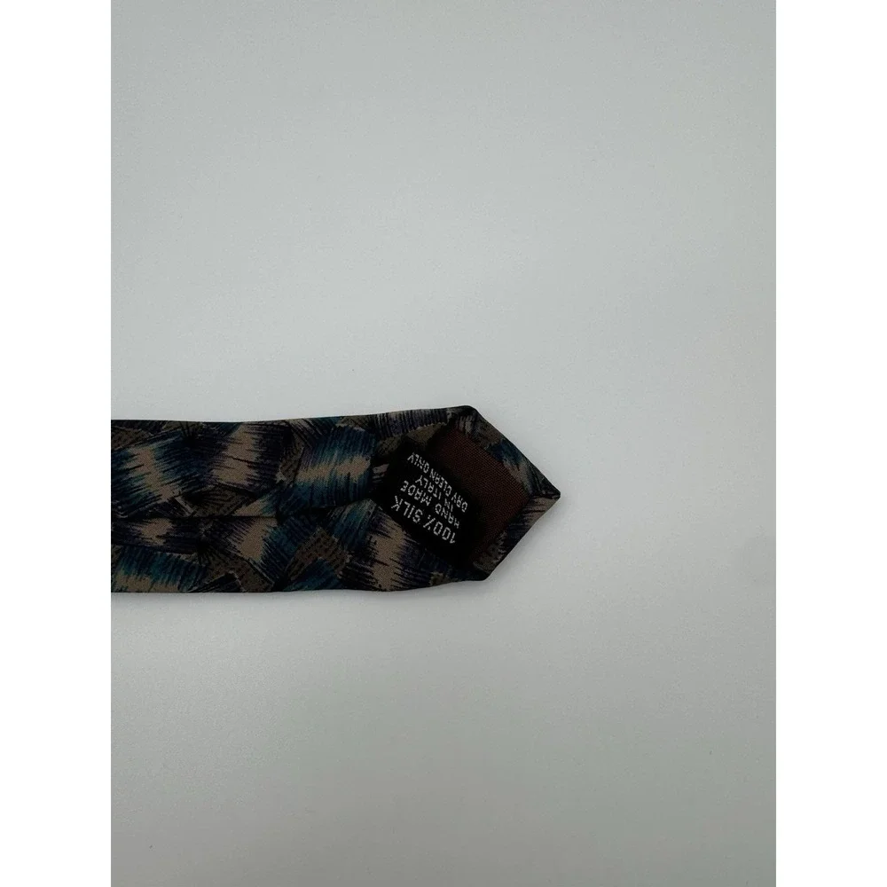 Secours 100% Silk Tie Abstract Geometric Brown Teal Tan Pattern‎ Classic Necktie